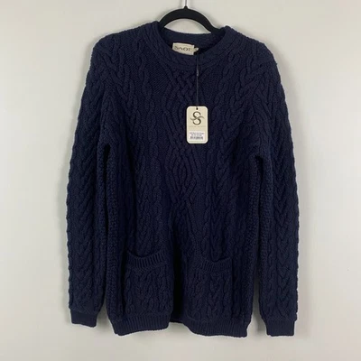 SAOL Ireland Aran Cable Knit Crew Sweater Womens S Navy Crew Merino Wool Pockets - Image 1 of 4