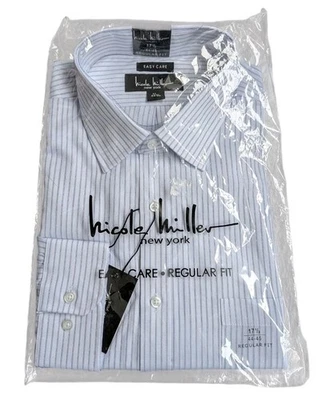 Camisa Nicole Miller Manga Larga Cuello Rayas Azul Claro/Blanco 17.5 Totalmente Nueva Foto 1 de 4