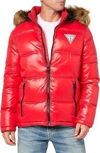 Guess Mens Jacket Coat M Quilted Puffer Insulated Faux Fur Remove Hood $250 Red - Picture 1 of 12