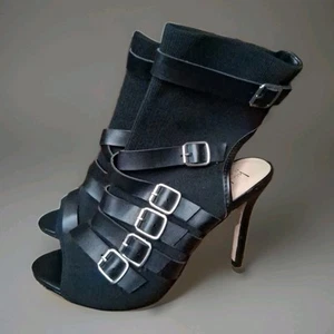 "Nicole Miller" Womens Heeled Boots, Sz 8, Black, Belted, Open Heel & Toes, 4 In - Picture 1 of 8