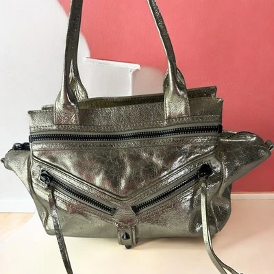 Botkier Gold Metallic Leather Trigger Handbag Moto Flap Satchel Shoulder Bag - Image 1 of 4