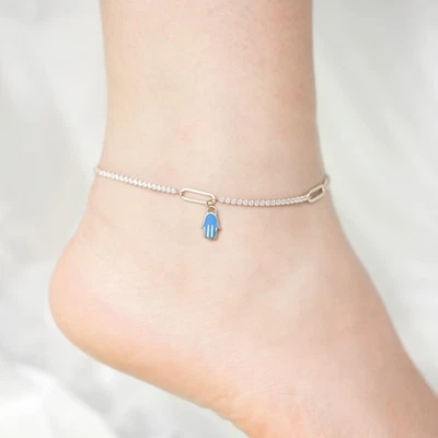 Clip CZ Esmalte Azul Hamsa Mano Tobillera Real Oro Amarillo 14K Hasta 10" Foto 1 de 4