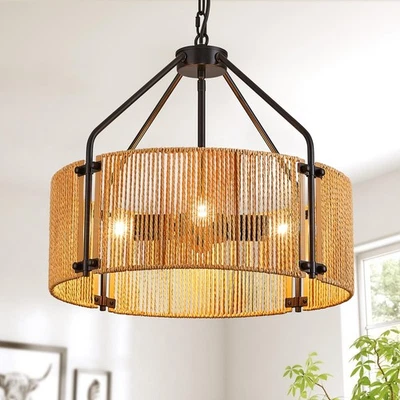 Lámpara de araña de ratán de 18,1", 4 luces grande negra colgante tejido de mimbre... Foto 1 de 4