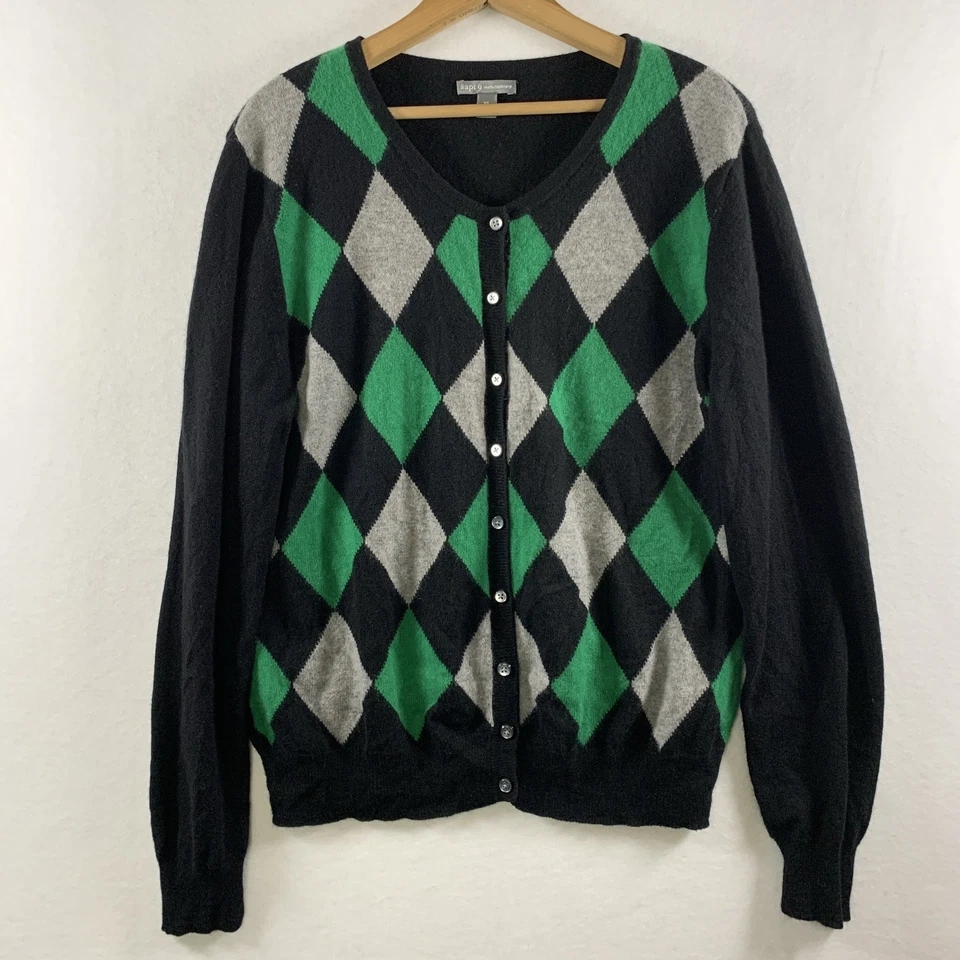 Женщин кашемир Argyle кардиган свитер XL резинке старые деньги Ivy League опрятный - Изображение 1 из 4
