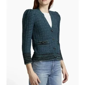 New L'Agence Jenni Puff Sleeve Cardigan Sweater in Deep Teal Size Medium - Picture 1 of 6