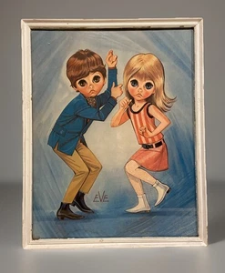 Vintage MCM 1960's Big Eyes Boy & Girl Dancing  11x14” Framed Litho-Signed, EVE - Picture 1 of 5