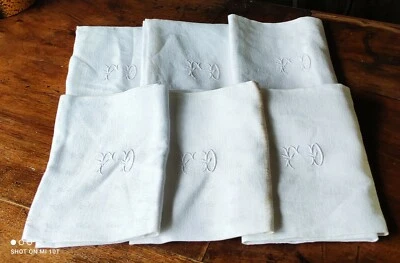 Lot 6 serviettes de table anciennes Brodées FD/lin? Metis?old Embroidered napkin - Photo 1/4