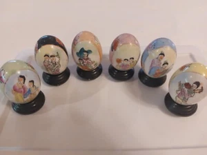 Set of 6 Vintage Japanese Satsuma Hand Painted Porcelain Eggs With Stands - Picture 1 of 18