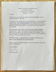 SHIRLEY MACLAINE, 100% AUTHENTIC AUTOGRAPHED 8 1/2" x 11"  LETTER, BEAUTIFUL ! - Picture 1 of 1