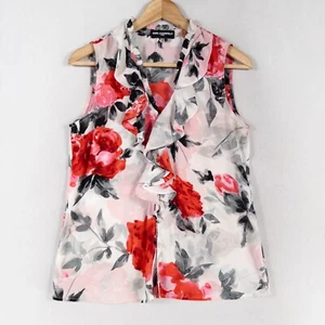 Karl Lagerfeld Top Blouse Sz Small Pink Floral Button Sleeveless V Neck Ruffles - Picture 1 of 8