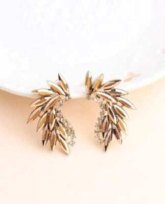 Womens Elegant Rhinestone Gold Metal Decor Stud Earrings Wedding Evening Party - Image 1 of 4