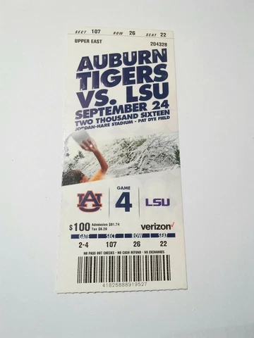 2016 Auburn Tigers LSU Tigers Football Ticket Stub Cover