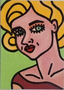 ACEO Woman Girl Face Pin Up Comics Original Oil Painting Oxana Diaz 2.5" x 3.5" - Picture 1 of 8