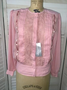 New Tags 70s 80s Pink Top Women’s Blouse Button Up Puffy Sleeve Round Neck Sz 12 - Picture 1 of 8