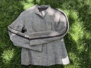 MAX MARA ITALY Brown WHITE TWEED Linen LEATHER TRIM JACKET Button BLAZER - Picture 1 of 10
