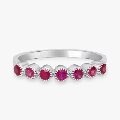 18k Solid White Gold Natural Red Ruby Half Eternity Band Wedding Women Ring - Image 1 of 4