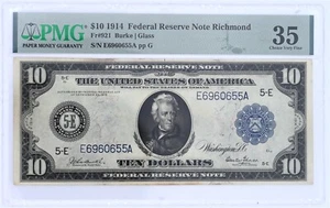 1914 $10 FEDERAL RESERVE NOTE RICHMOND UNITED STATES BLUE SEAL FR#921 PMG35 - Picture 1 of 2