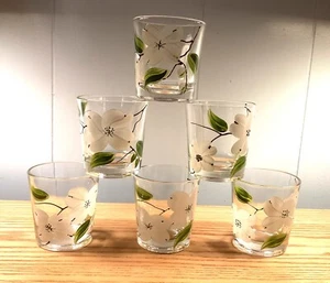 6 Vintage 1950s Hand-painted Dogwood Federal Glass Tumblers, great condition - Picture 1 of 8