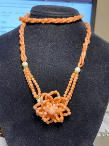 Angel Skin Coral Twisted Multi Strand Necklace w/ Floral Burst Centerpiece 28" - Picture 1 of 6