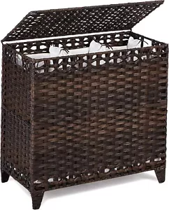 Laundry Hamper with 3 Removable Liner Bags; 132L Handwoven Rattan Laundry Basket - Picture 1 of 6