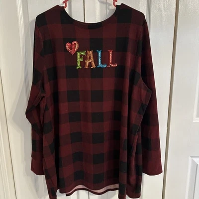Quacker Factory Women's 2X FALL Burgundy/Black Checkerboard Sweater - Image 1 of 4