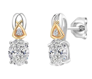 2.04 Carats Oval Cut Lab Grown Diamond Women Stud Earrings In 10K Two Tone Gold - Picture 1 of 6