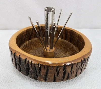 Vintage Wood Nut Bowl 8" Bark Edge + 6 Metal Picks & Cracker Rustic Mid Century - Image 1 of 4