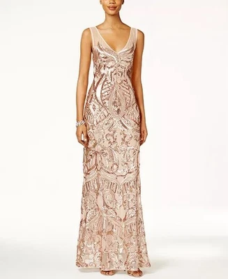 NWT Adrianna Papell Sleeveless V-Neck Sequined Rose Gold Illusion Gown, Size 4P - Image 1 of 4