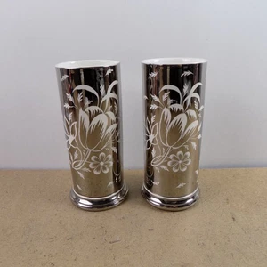 2 Wedgwood of Etruria Silver Lusterware 6" Cylinder Vase VGC England Floral - Picture 1 of 5