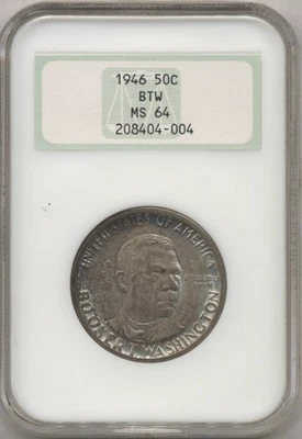 1946  Booker T Washington Half Dollar NGC MS64 Old Holder IRIDESCENT TONING! - Image 1 of 2