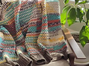 New Handmade Afghan Lap Blanket Ribbed Southwestern Colors 50x46 Easy Care - Picture 1 of 4