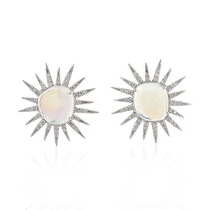 18k White Gold Natural Diamond Moonstone Sun Brust Stud Earrings For Women - Picture 1 of 6