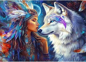 Wolf & Indian Woman Diamond Painting Kit - DIY 5D Art for Home Decor, 12x16 Inch - Picture 1 of 6