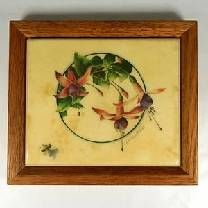 Framed Art Tile Vintage 1980s Fuschia Flowers with Bee Kimberly Enterprises - Picture 1 of 4
