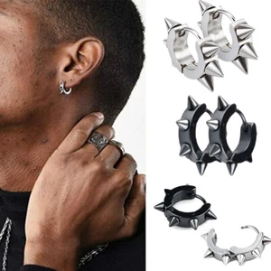 Punk Street Gothic Stainless Steel Hoop Earrings Spike Rivet Ear Stud Men Women - Picture 1 of 24