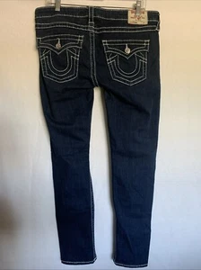 TRUE RELIGION JOEY JEANS BLUE DISTRESSED DENIM FLARE STRETCH 29"x 32" LOW RISE - Picture 1 of 5