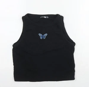 Boohoo Womens Black Cotton Cropped Tank Size 12 Round Neck - Butterfly - Picture 1 of 10