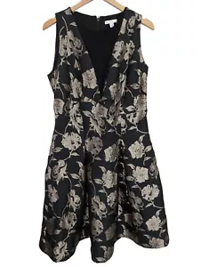 New York & Co Fit & Flare Dress Women L Black Gold Floral Sleeveless Party Event - Picture 1 of 12