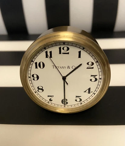 “RARE”Small VTG Tiffany & Co.  Brass Desk Shelf Clock   Good Condition  2” Diam Cover