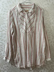C & C California Women’s L Red White Stripe 1/2 Button Up LINEN Blouse Beach Top - Picture 1 of 7