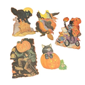 Juego de 5 Troquelados Vintage Halloween Cartón Bruja Gato Calabaza Zombi - Imagen 1 de 13
