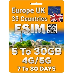 Europe UK Travel Prepaid eSIM| 5-30GB | 7-30 days - Picture 1 of 1