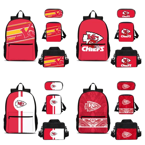 Kansas City Chiefs School Backpack 4PCS Set Pen Bag Crossbody Bag Lunch Bag Lot Cover