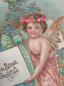 Angelo Saluto San Valentino con Fiori Cuori Oro Goffrato BW Cartolina 1909 - Foto 1 di 5