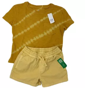 NWT Gap Girls XS 4 5 Yellow Tie Dye Organic Cotton Shirt and Pull-on Shorts - Picture 1 of 9