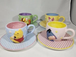 Vintage HTF Disney Winnie The Pooh 3D Tea Cup Saucer COMPLETE Set of 4 - Picture 1 of 12
