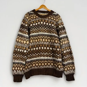 Alpaca Wool Nordic Fair Isle Sweater Mens L ? Beige Brown Bohemian Fisherman - Picture 1 of 18