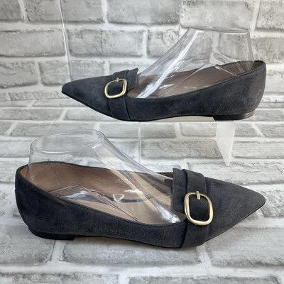 M. Gemi 女式 39/8.5 码美国蓝色麂皮绒金色扣子平底乐福鞋 — 第 1/4 张图片