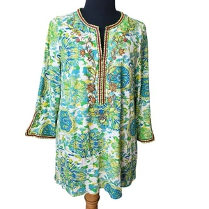 Weiche Umrandung grün bunt Perlen bestickt Top Boho künstlerisch hell S - Bild 1 von 11