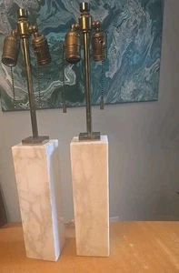 Vintage PAIR Mid-Century 3 " Square 12" Column MARBLE & BRASS Table LAMPS-23"H - Picture 1 of 11